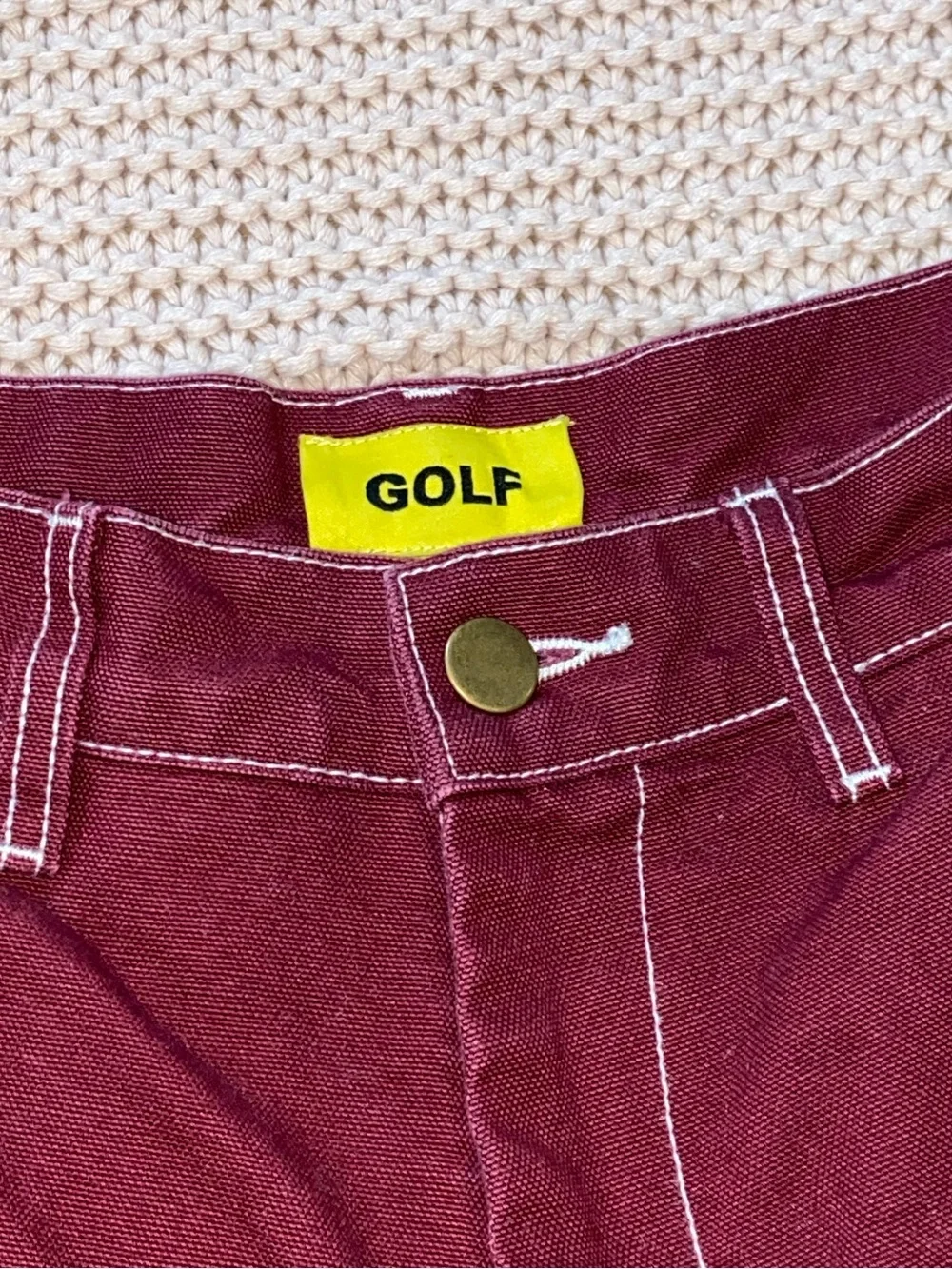 ✰ golf wang burgundy canvas work pants with white contrast stitching ✰